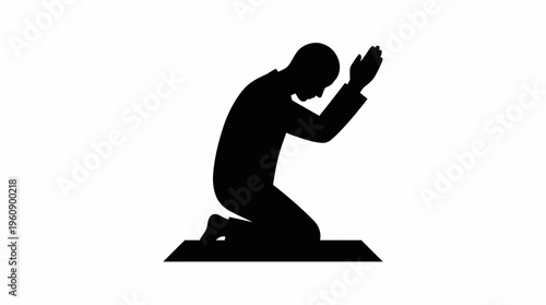 Silhouette of a person kneeling on a prayer mat with hands raised in supplication, depicting a moment of worship or devotion.