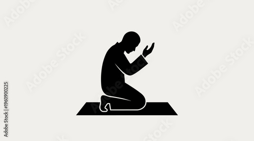 Silhouette of a person kneeling on a prayer mat with hands raised in a praying gesture, depicting a moment of devotion and worship.