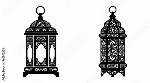 Two ornate black silhouette lanterns with intricate patterns, showcasing traditional Middle Eastern or Islamic design elements on a white background.