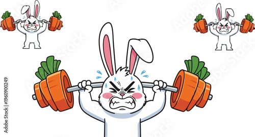 Determined cartoon white rabbit mascot vigorously lifting heavy carrot-shaped barbell weights with intense effort in a repetitive fitness illustration style.
