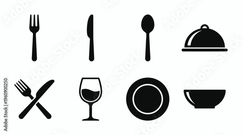 A collection of black silhouette icons representing various dining and kitchen utensils and tableware items on a white background.