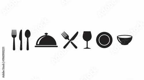 A collection of black silhouette icons representing various dining and kitchen utensils and tableware items on a white background, perfect for restaurant menus or culinary designs.