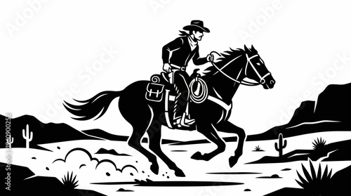 A cowboy rides a galloping horse through a rugged desert landscape with cacti and mountains.