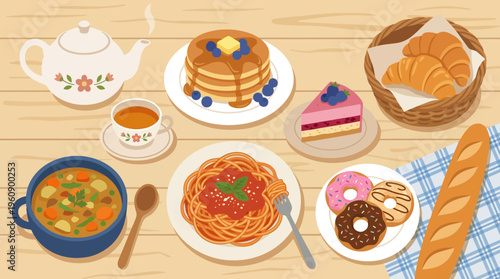 A delightful spread of various breakfast, lunch, and dessert items including pancakes, spaghetti, soup, croissants, donuts, and cake on a wooden table.