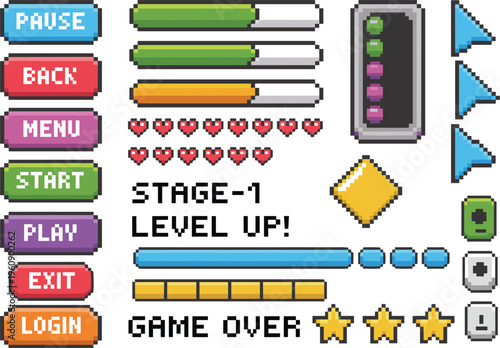 Pixel game UI elements set, retro interface buttons bars icons gaming design