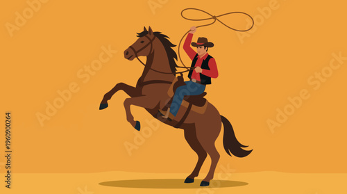 A cowboy on a rearing brown horse with a lasso against an orange background.