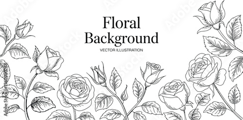 Luxury rose floral line art background, elegant botanical frame with leaves and bouquet pattern for wedding cards vintage design and premium decorative layouts.