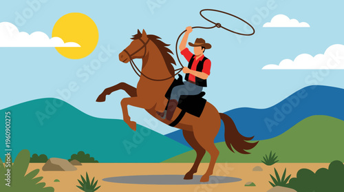 A cartoon illustration of a cowboy on a rearing horse, swinging a lasso in a western landscape under a sunny sky.
