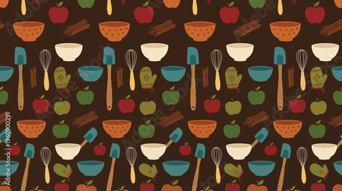 A seamless pattern featuring an assortment of baking ingredients and kitchen utensils like apples, cinnamon sticks, mixing bowls, spatulas, whisks, and oven mitts on a dark brown background.