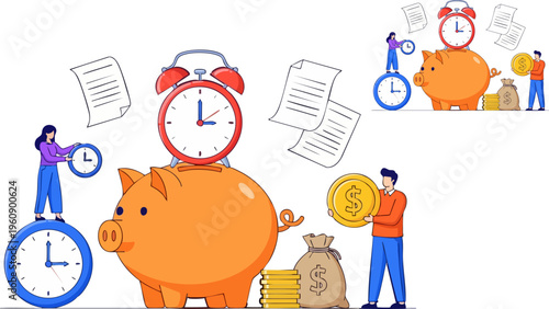 Tiny business people interacting with a giant piggy bank and large clocks symbolizing the crucial concept of saving time to accumulate wealth and financial success.