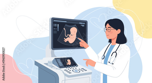 Doctor examining ultrasound of fetus on screen, medical technology, pregnancy care
