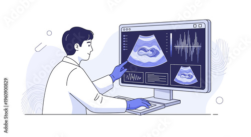 Doctor examining ultrasound scan of fetus on computer screen, medical technology