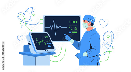 Doctor examining vital signs on monitor, medical technology, healthcare concept