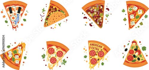 Pizza slices collection with various toppings including pepperoni, vegetables and cheese, delicious fast food vector illustration set for menu and restaurant design