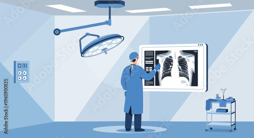 Doctor examining X-ray in modern operating room, medical technology, healthcare concept