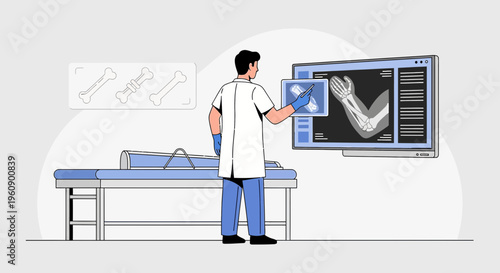 Doctor examining X-ray of arm bones on screen, medical diagnostic concept