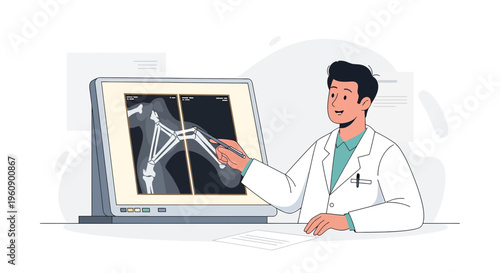 Doctor examining X-ray of leg bones on computer screen, medical diagnosis concept