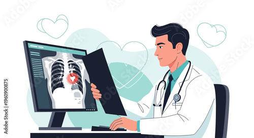 Doctor examining X-ray of lungs on computer screen, holding medical chart