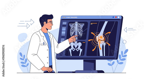 Doctor examining X-ray of knee joint on computer screen, medical technology concept
