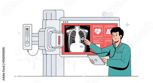 Doctor examining X-ray on screen with medical equipment and tablet, modern healthcare concept