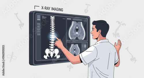 Doctor examines spine x-ray on futuristic holographic display, medical technology concept