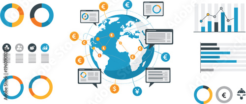 Global business infographic with world map data charts dashboards communication networks and financial analytics visualization concept illustration