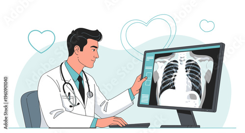 Doctor Examining Chest X-ray on Computer Screen, Medical Technology and Healthcare Concept