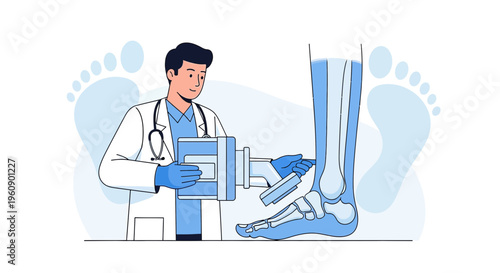 Doctor examining patient's leg with medical scanner, foot X-ray concept