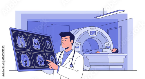 Doctor examining MRI brain scan results with patient in MRI machine background
