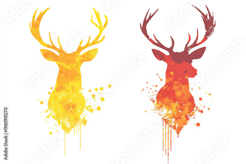 Deer head silhouette with watercolor splashes in warm gradient colors for modern artistic design
