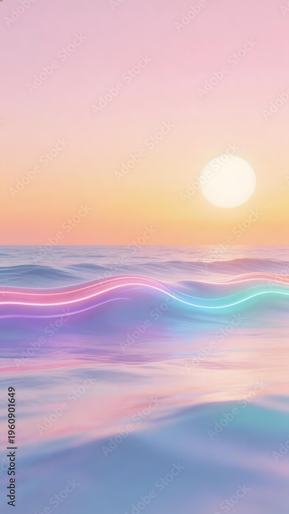 Fototapeta premium A serene ocean at sunset with glowing neon waves under a pastel sky