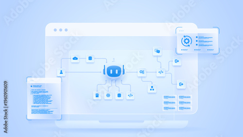 AI workflow automation artificial intelligence. ai agent network diagram machine learning node user, flow process, API integration, coding and automation system.