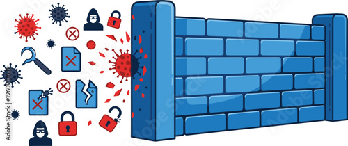 Cybersecurity firewall protection blocking viruses hackers and malware with secure digital wall defense system concept illustration