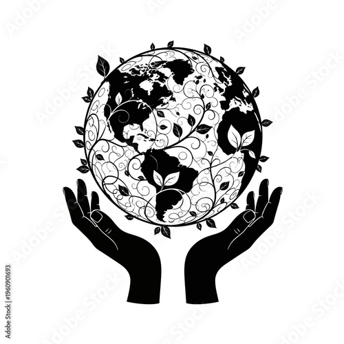 Hands holding a globe with leaves.