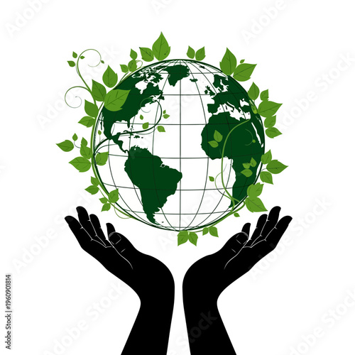Hands holding green earth globe symbol.