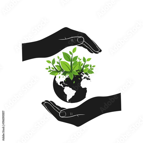 Hands holding green earth globe.