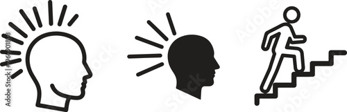 Inspiration, motivation, success icons, thinking person, climbing stairs, idea generation, 3 vector symbols