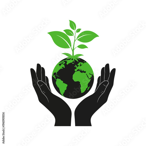 Hands holding green earth with plant.