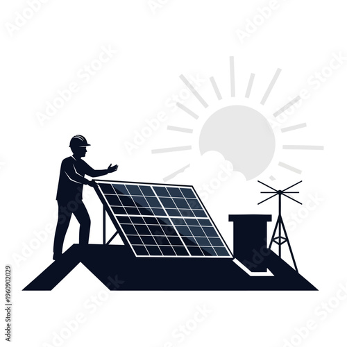 Man installing solar panel on roof.