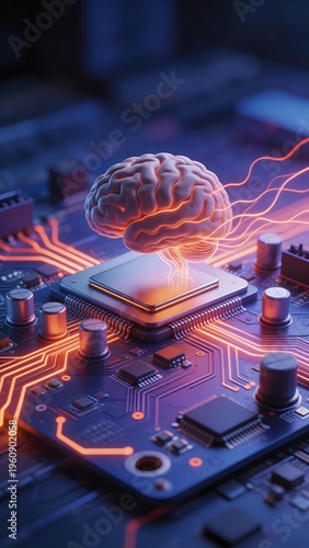 A human brain connected to a circuit board with glowing neural pathways, symbolizing artificial intelligence and brain-computer integration.