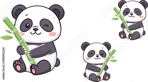 Adorable baby giant pandas clutching thick stalks of green bamboo featuring cute cartoon illustrations in three different sizes for delightful artwork.