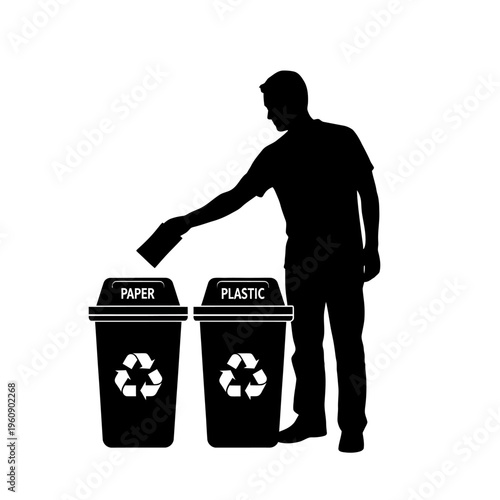 Man throwing paper into recycling bin.