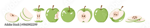 Set of green apples with whole, sliced, half and core pieces. Fruit vector illustration