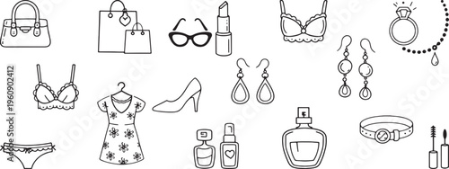 Women fashion accessories outline set with bags shoes jewelry makeup minimalist line art vector