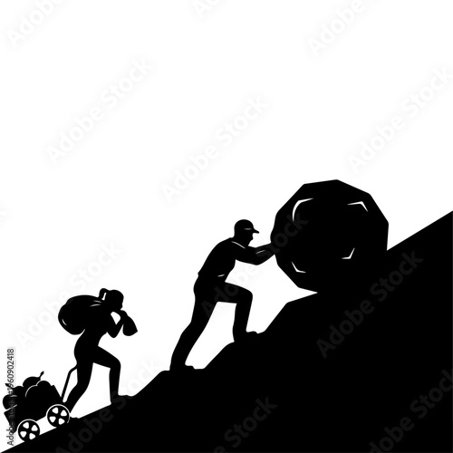 Hard work and teamwork concept silhouette climbing mountain with effort