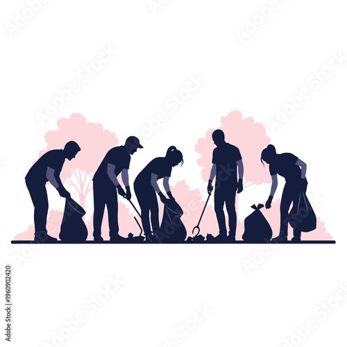 People cleaning up trash outside together.