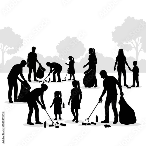 People cleaning up trash outdoors together.