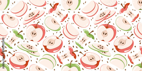 Seamless pattern with colorful sliced apples and seeds. Fruit vector illustration