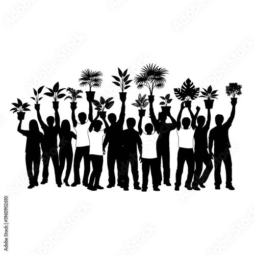 People holding up green leafy plants.