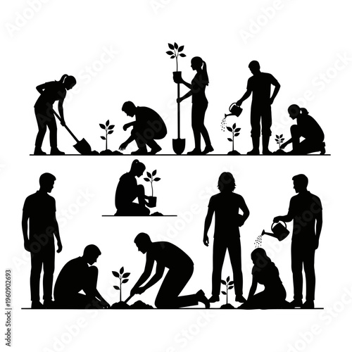 People planting trees and gardening.